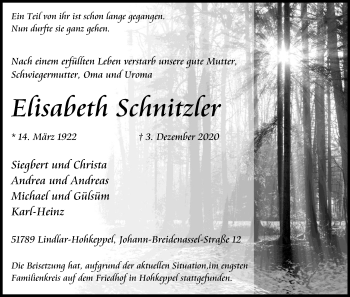 Anzeige von Elisabeth Schnitzler von Kölner Stadt-Anzeiger / Kölnische Rundschau / Express