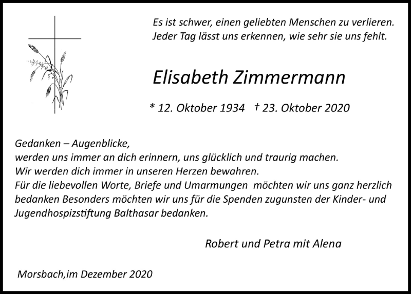 Traueranzeige für Elisabeth Zimmermann vom 04.12.2020 aus  Lokalanzeiger 