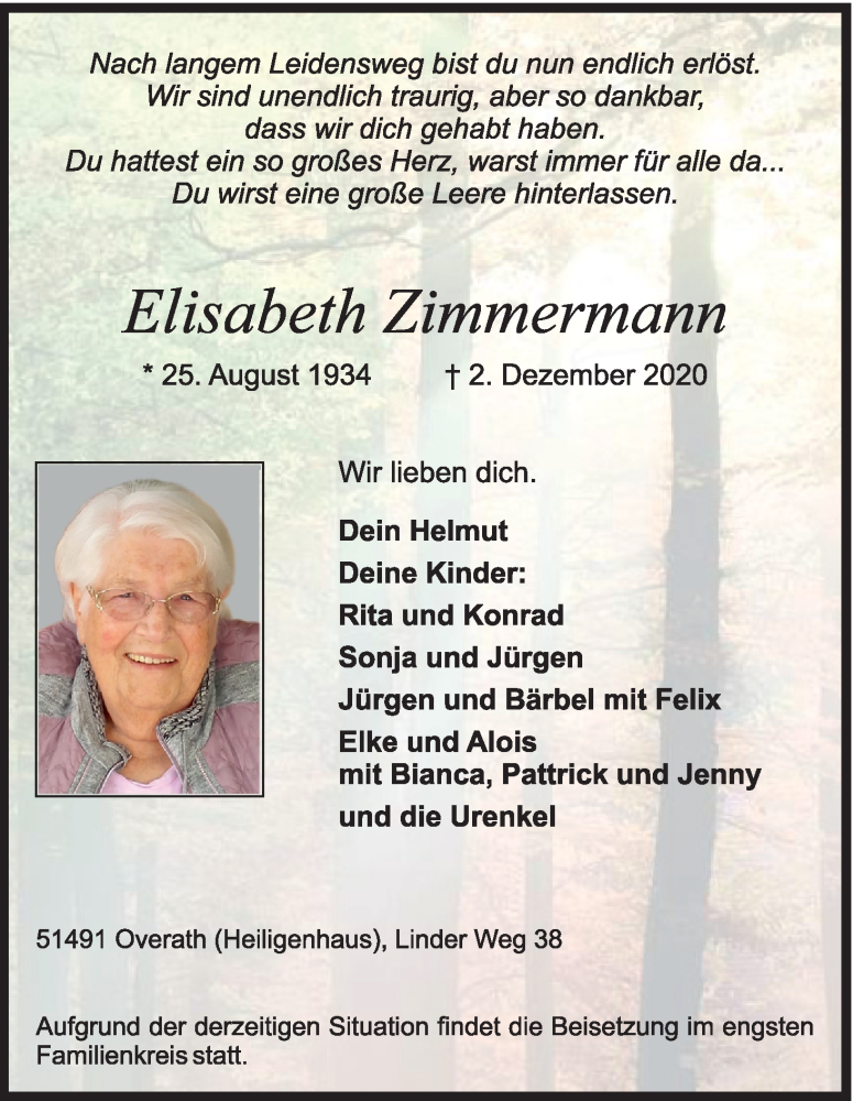  Traueranzeige für Elisabeth Zimmermann vom 12.12.2020 aus Kölner Stadt-Anzeiger / Kölnische Rundschau / Express