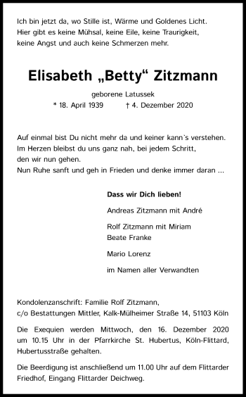 Anzeige von Elisabeth Zitzmann von Kölner Stadt-Anzeiger / Kölnische Rundschau / Express