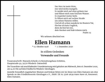 Anzeige von Ellen Hamann von Kölner Stadt-Anzeiger / Kölnische Rundschau / Express
