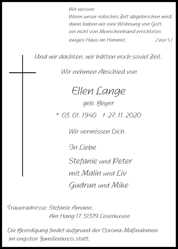 Anzeige von Ellen Lange von Kölner Stadt-Anzeiger / Kölnische Rundschau / Express