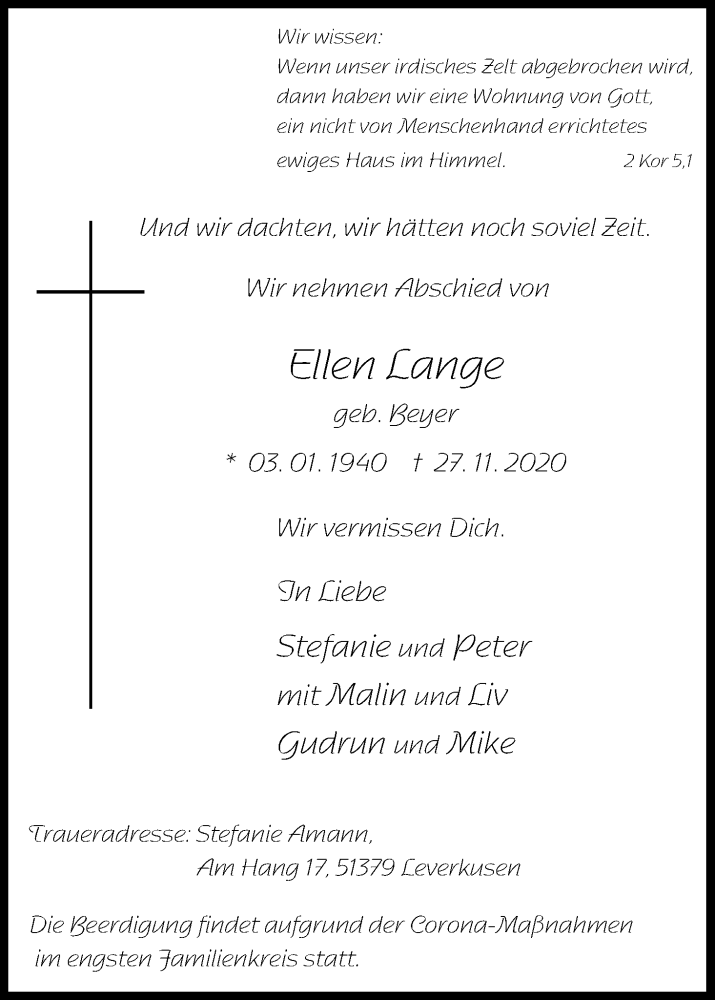  Traueranzeige für Ellen Lange vom 12.12.2020 aus Kölner Stadt-Anzeiger / Kölnische Rundschau / Express