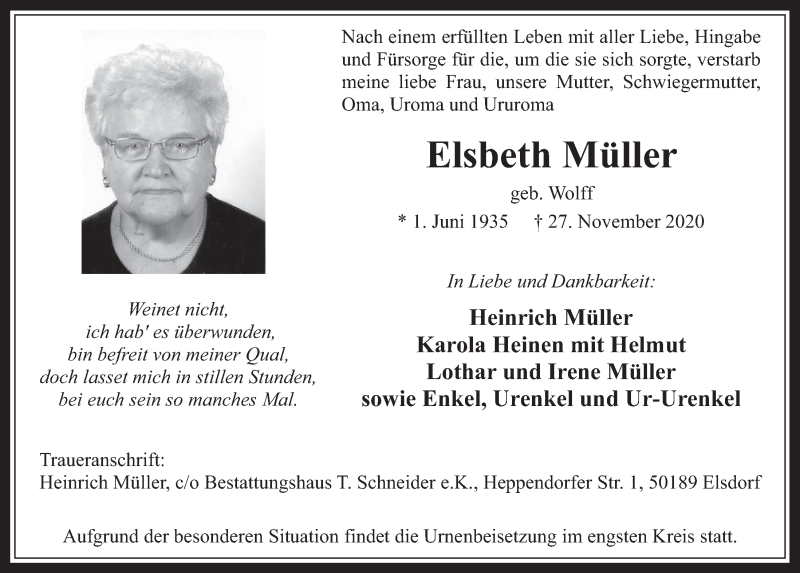  Traueranzeige für Elsbeth Müller vom 11.12.2020 aus  Werbepost 