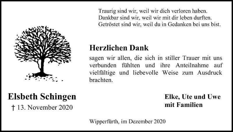 Traueranzeige für Elsbeth Schingen vom 23.12.2020 aus Kölner Stadt-Anzeiger / Kölnische Rundschau / Express
