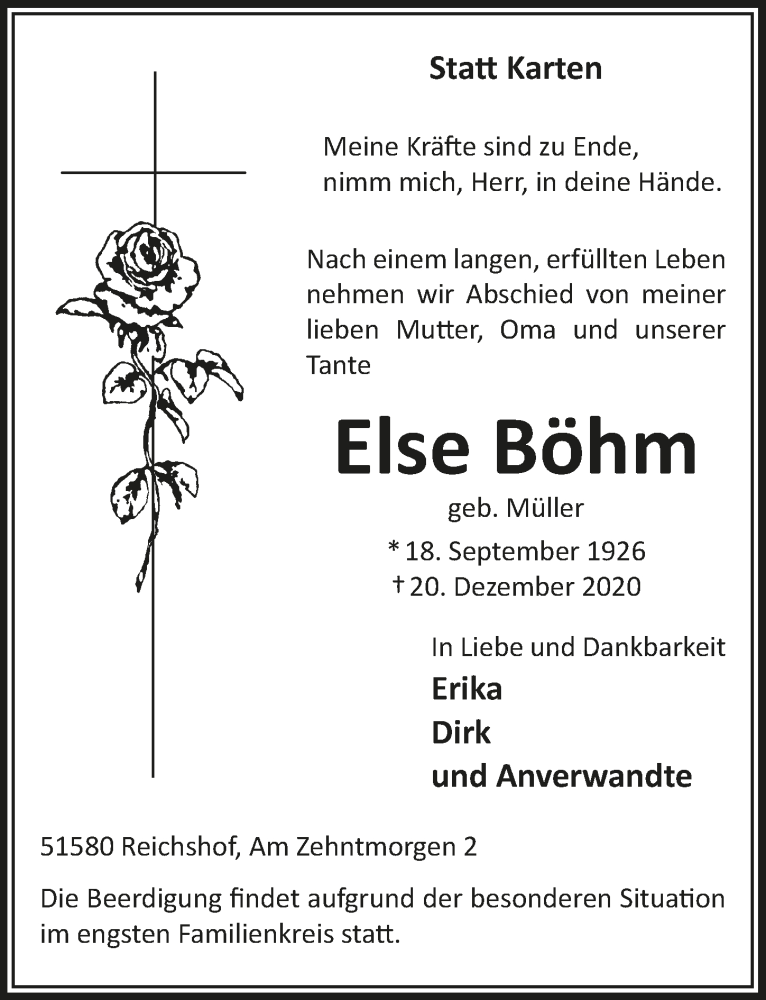  Traueranzeige für Else Böhm vom 28.12.2020 aus  Anzeigen Echo 
