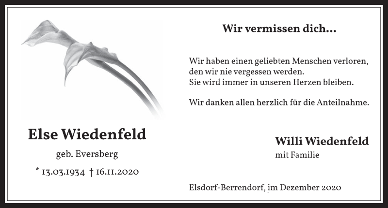  Traueranzeige für Else Wiedenfeld vom 18.12.2020 aus  Werbepost 