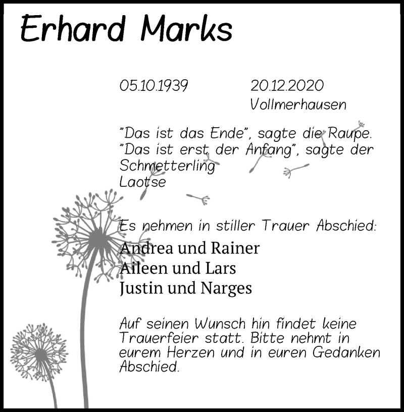  Traueranzeige für Erhard Marks vom 22.12.2020 aus Kölner Stadt-Anzeiger / Kölnische Rundschau / Express