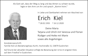 Anzeige von Erich Kiel von Kölner Stadt-Anzeiger / Kölnische Rundschau / Express