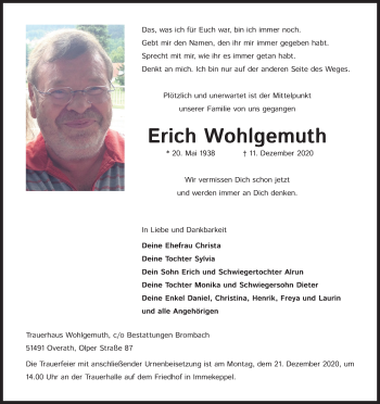Anzeige von Erich Wohlgemuth von Kölner Stadt-Anzeiger / Kölnische Rundschau / Express