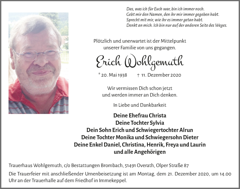  Traueranzeige für Erich Wohlgemuth vom 18.12.2020 aus  Bergisches Handelsblatt 