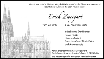 Anzeige von Erich Zweigart von Kölner Stadt-Anzeiger / Kölnische Rundschau / Express