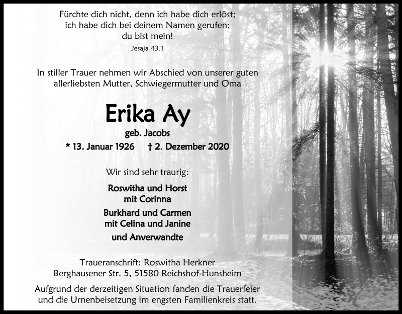 Traueranzeige für Erika Ay vom 12.12.2020 aus Kölner Stadt-Anzeiger / Kölnische Rundschau / Express