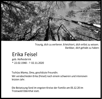 Anzeige von Erika Feisel von Kölner Stadt-Anzeiger / Kölnische Rundschau / Express