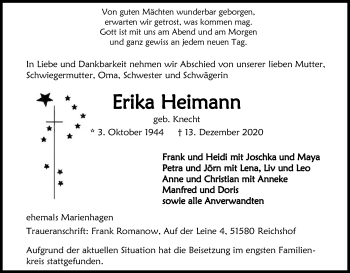 Anzeige von Erika Heimann von Kölner Stadt-Anzeiger / Kölnische Rundschau / Express