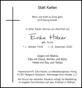 Anzeige von Erika Hölzer von Kölner Stadt-Anzeiger / Kölnische Rundschau / Express