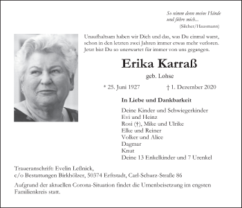 Anzeige von Erika Karraß von  Werbepost 