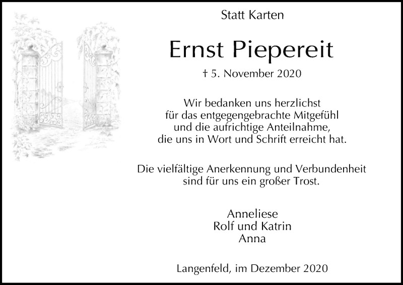  Traueranzeige für Ernst Piepereit vom 05.12.2020 aus Kölner Stadt-Anzeiger / Kölnische Rundschau / Express