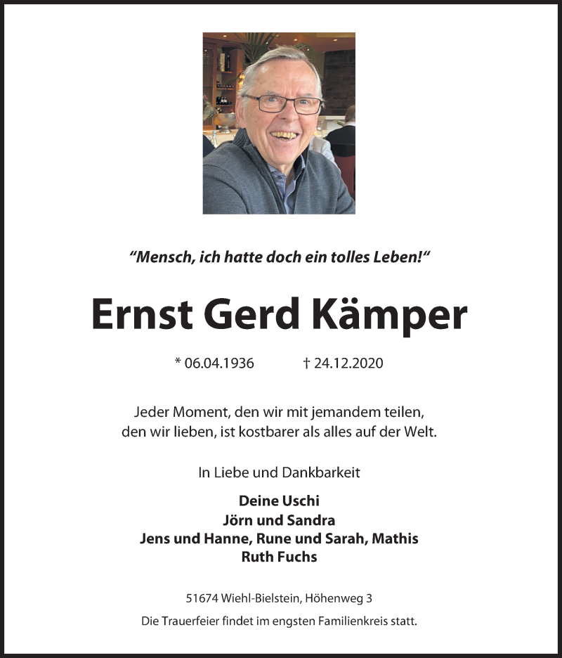  Traueranzeige für Ernst Gerd Kämper vom 29.12.2020 aus Kölner Stadt-Anzeiger / Kölnische Rundschau / Express