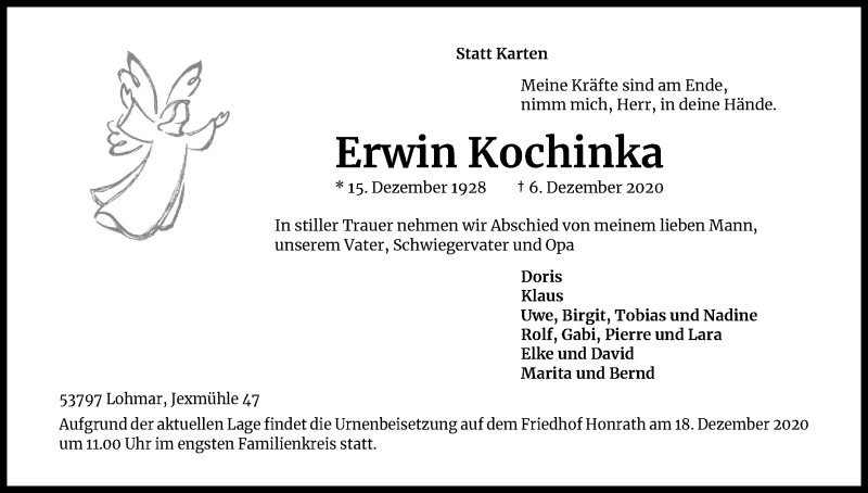  Traueranzeige für Erwin Kochinka vom 12.12.2020 aus Kölner Stadt-Anzeiger / Kölnische Rundschau / Express