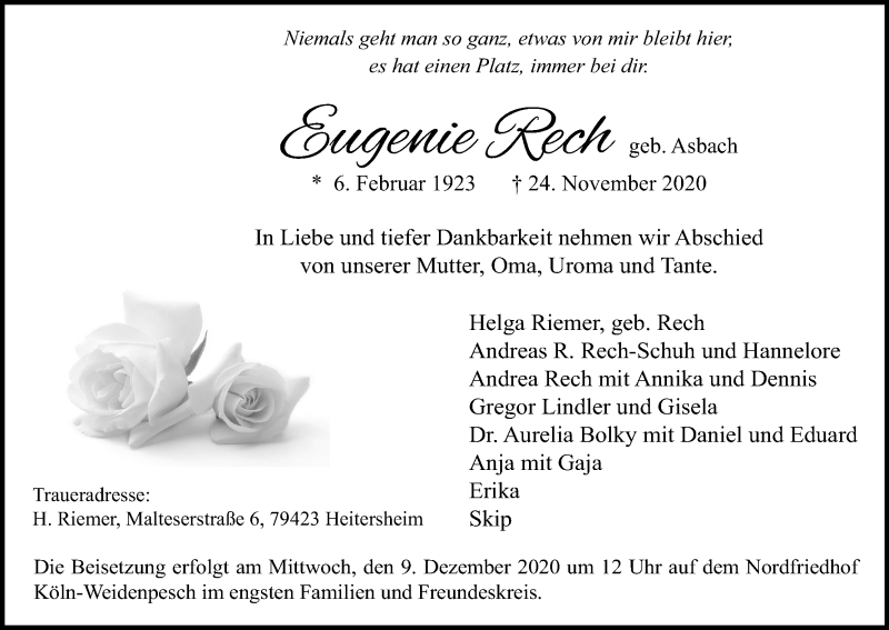  Traueranzeige für Eugenie Rech vom 05.12.2020 aus Kölner Stadt-Anzeiger / Kölnische Rundschau / Express