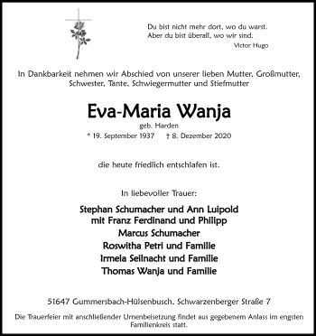 Anzeige von Eva-Maria Wanja von Kölner Stadt-Anzeiger / Kölnische Rundschau / Express