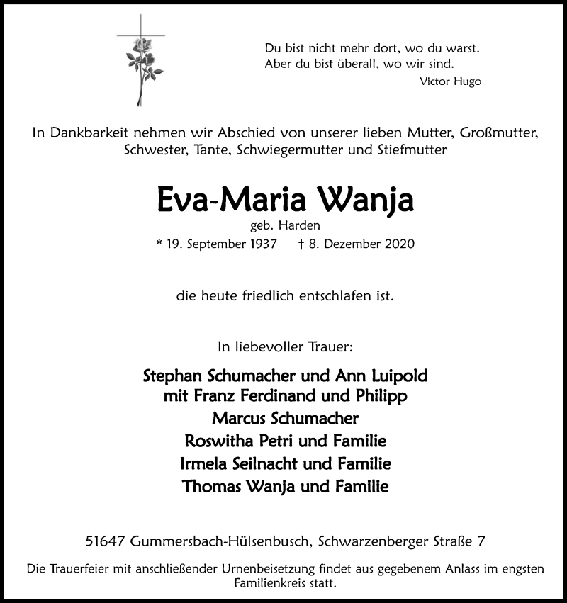  Traueranzeige für Eva-Maria Wanja vom 19.12.2020 aus Kölner Stadt-Anzeiger / Kölnische Rundschau / Express