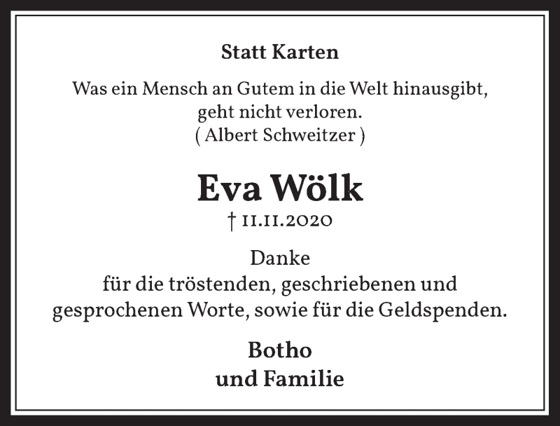  Traueranzeige für Eva Wölk vom 18.12.2020 aus  Werbepost 