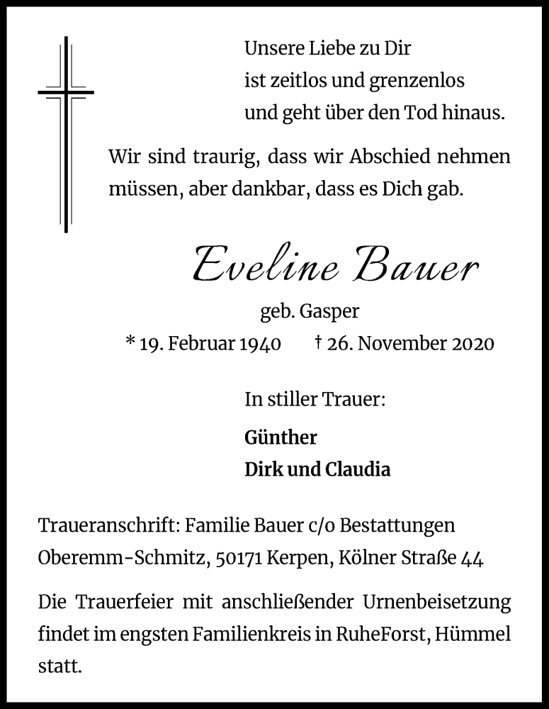  Traueranzeige für Eveline Bauer vom 05.12.2020 aus Kölner Stadt-Anzeiger / Kölnische Rundschau / Express