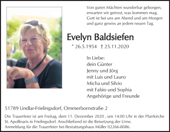 Anzeige von Evelyn Baldsiefen von Kölner Stadt-Anzeiger / Kölnische Rundschau / Express