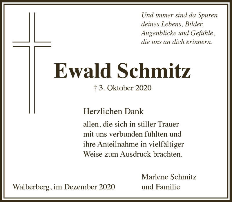  Traueranzeige für Ewald Schmitz vom 18.12.2020 aus  Schaufenster/Blickpunkt 