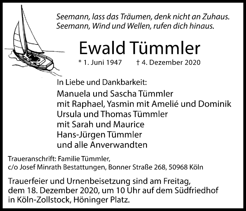  Traueranzeige für Ewald Tümmler vom 12.12.2020 aus Kölner Stadt-Anzeiger / Kölnische Rundschau / Express