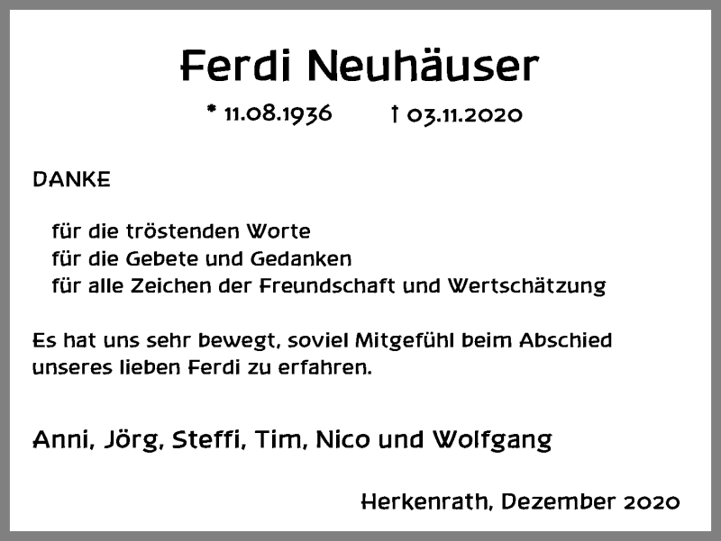  Traueranzeige für Ferdi Neuhäuser vom 19.12.2020 aus Kölner Stadt-Anzeiger / Kölnische Rundschau / Express