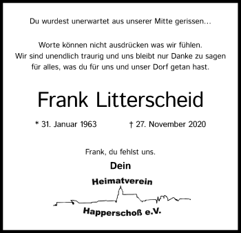 Anzeige von Frank Litterscheid von Kölner Stadt-Anzeiger / Kölnische Rundschau / Express
