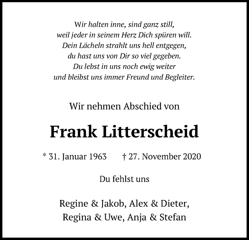  Traueranzeige für Frank Litterscheid vom 08.12.2020 aus Kölner Stadt-Anzeiger / Kölnische Rundschau / Express