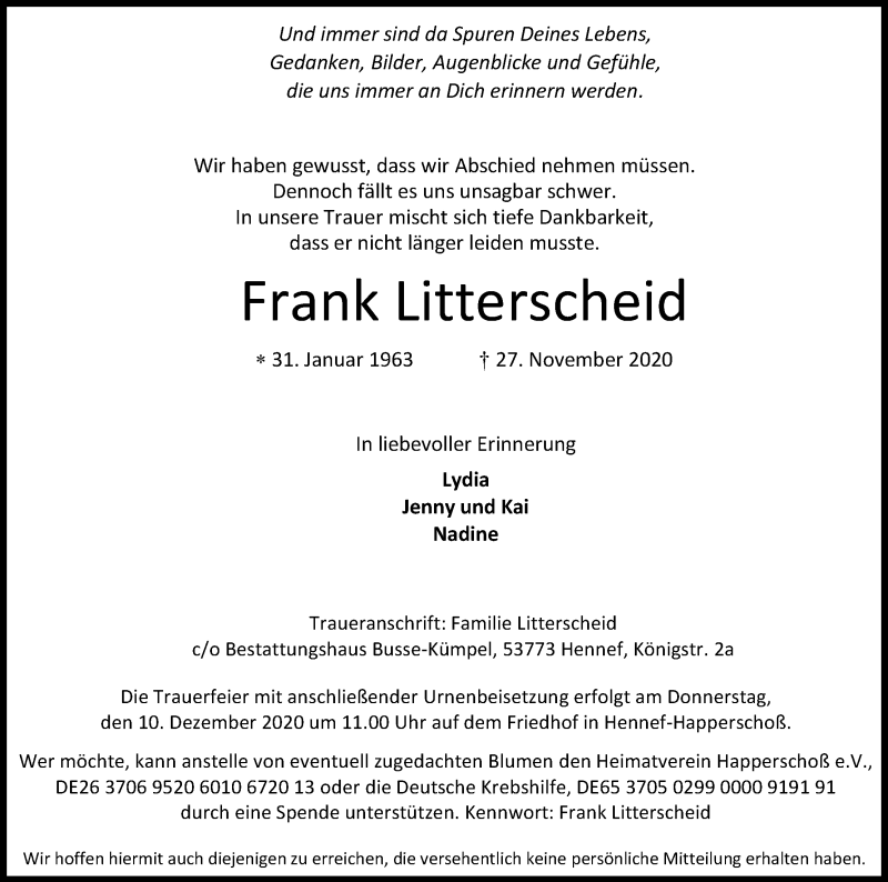  Traueranzeige für Frank Litterscheid vom 05.12.2020 aus Kölner Stadt-Anzeiger / Kölnische Rundschau / Express