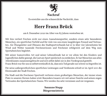 Anzeige von Franz Brück von  Wochenende 