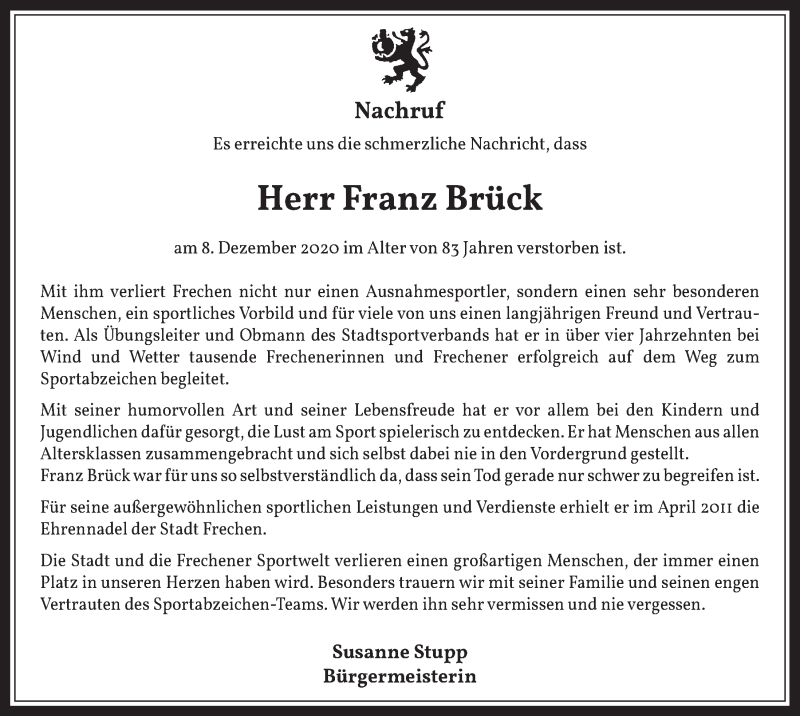  Traueranzeige für Franz Brück vom 18.12.2020 aus  Wochenende 