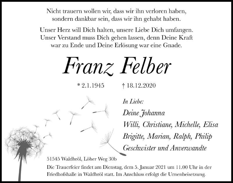  Traueranzeige für Franz Felber vom 28.12.2020 aus  Lokalanzeiger 