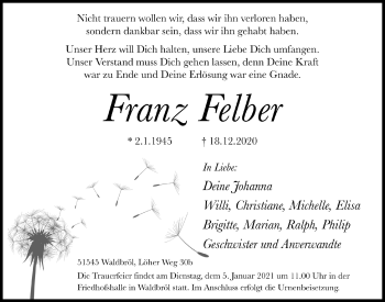 Anzeige von Franz Felber von  Lokalanzeiger 