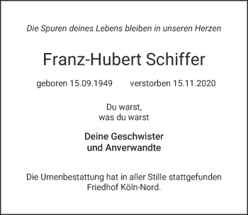 Anzeige von Franz-Hubert Schiffer von  Kölner Wochenspiegel 