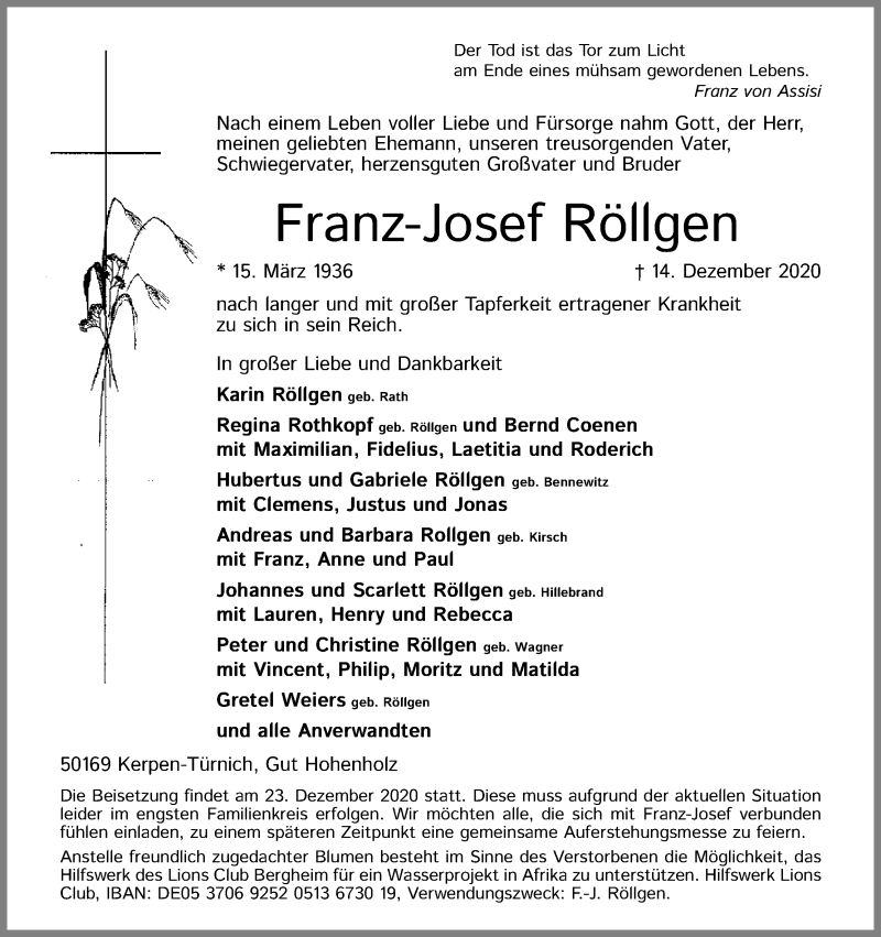  Traueranzeige für Franz-Josef Röllgen vom 19.12.2020 aus Kölner Stadt-Anzeiger / Kölnische Rundschau / Express