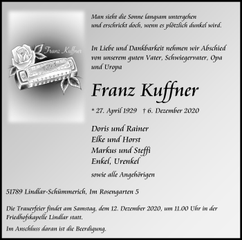 Anzeige von Franz Kuffner von Kölner Stadt-Anzeiger / Kölnische Rundschau / Express