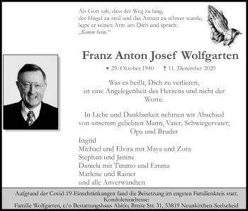 Anzeige von Franz Anton Josef Wolfgarten von Kölner Stadt-Anzeiger / Kölnische Rundschau / Express