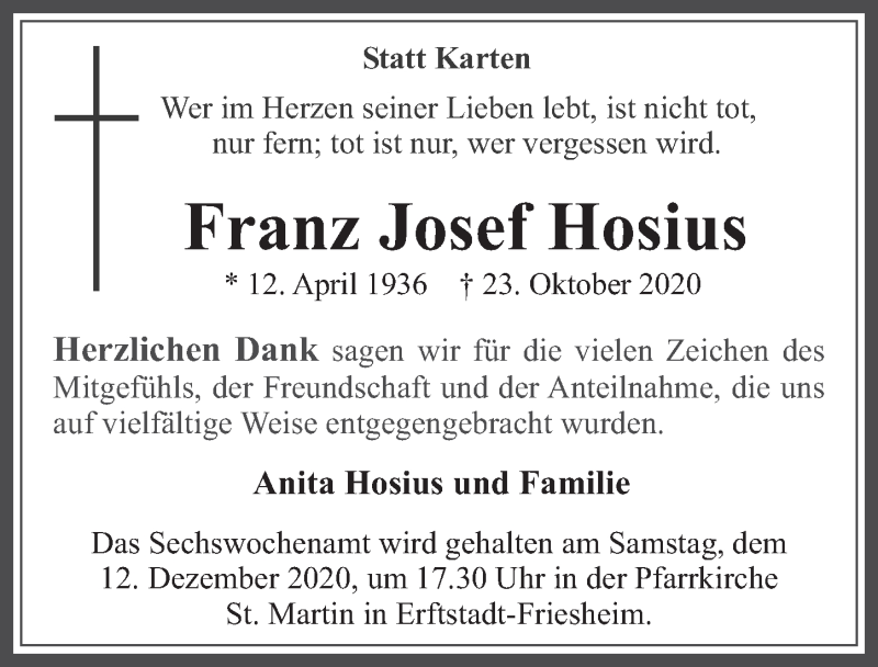  Traueranzeige für Franz Josef Hosius vom 04.12.2020 aus  Werbepost 