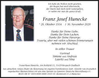 Anzeige von Franz Josef Hunecke von  Bergisches Handelsblatt 