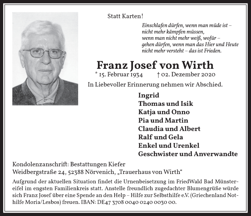  Traueranzeige für Franz Josef Wirth vom 11.12.2020 aus  Werbepost 