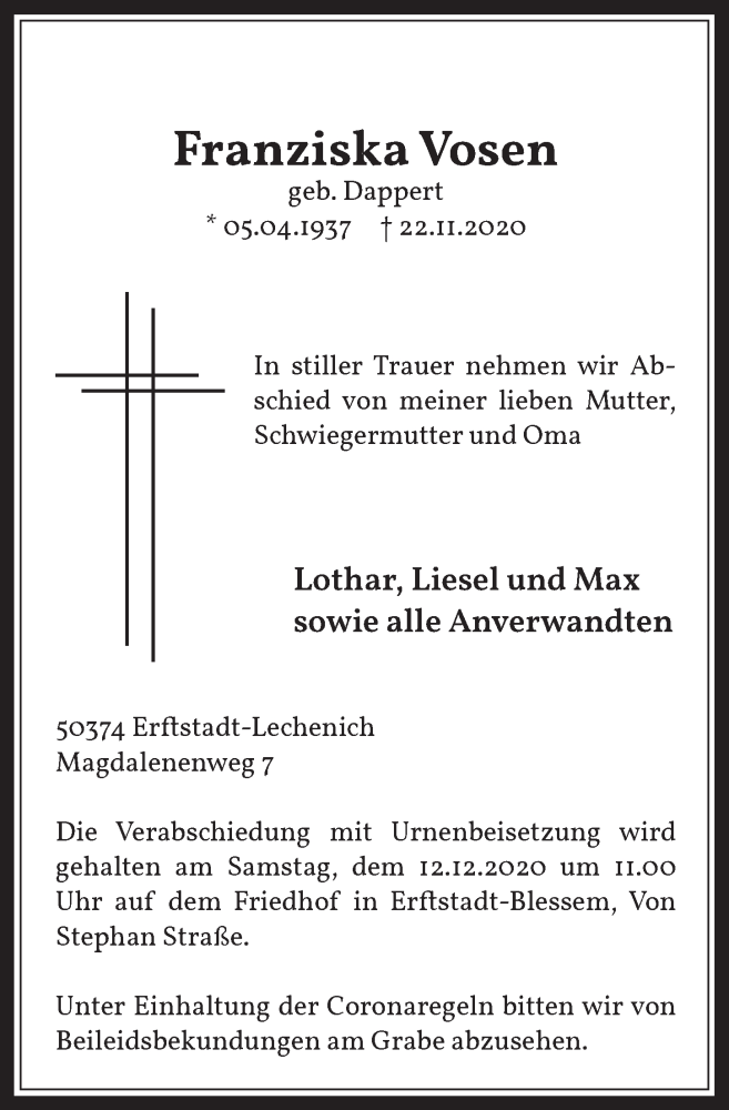  Traueranzeige für Franziska Vosen vom 04.12.2020 aus  Werbepost 