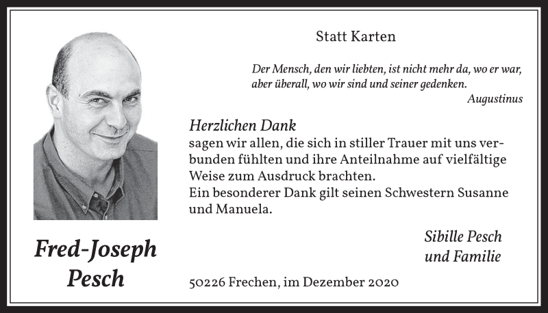  Traueranzeige für Fred-Joseph Pesch vom 04.12.2020 aus  Wochenende 