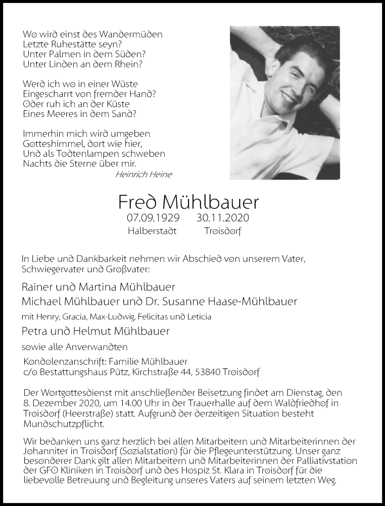  Traueranzeige für Fred Mühlbauer vom 08.12.2020 aus Kölner Stadt-Anzeiger / Kölnische Rundschau / Express